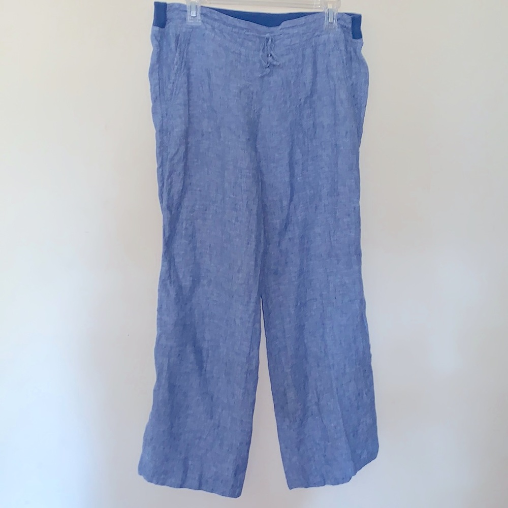 Blue 100% Linen Draw String Pants Wide Legs Elastic Waist Back Lightweight Beach